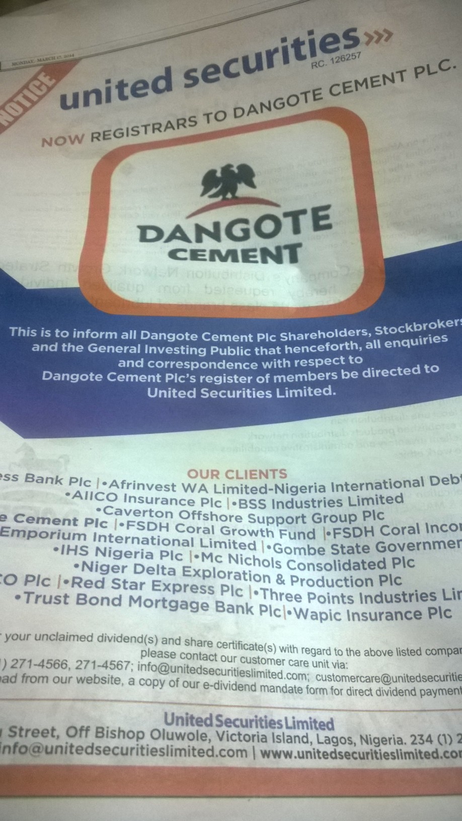 Official: United Securities Ltd Are Now Registrars To Dangote Cement Plc