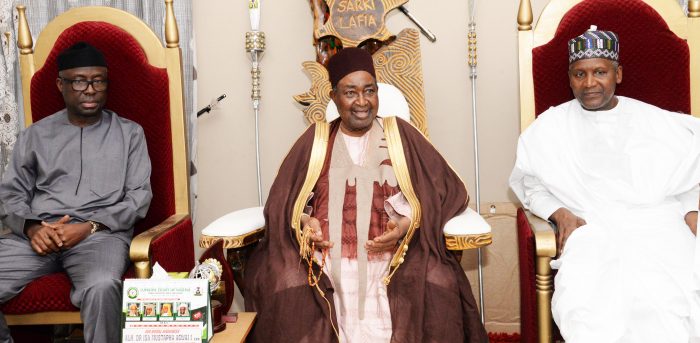 Chairman, Aliko Dangote Foundation, Aliko Dangote; Emir of Lafia, HRH. Dr. Isa Mustapha Agwai and former Governor of Ekiti State, Otunba Niyi Adebayo at the Emir&rsquo;s Palace during a courtesy visit by the Board of Dangote Foundation to the Palace of the emir over the weekend.