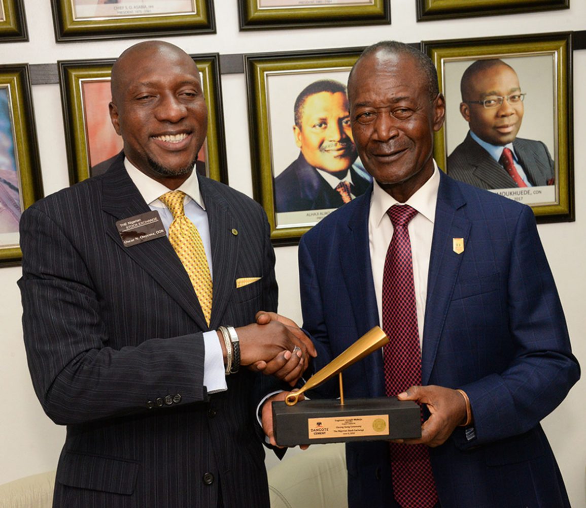 Chief Executive Officer of The Nigerian Stock Exchange (NSE) Oscar Onyema, Group Managing Director/ Chief Executive Officer Dangote Cement Plc, Engr. Joseph Makoju, at the Dangote Cement Plc Closing Gong Ceremony, Floor of Nigerian Stock Exchange Lagos on 6th June 2018.