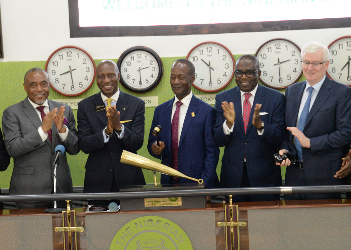 L-R, Non-Executive Director Dangote Cement Plc, Emmanuel Ikazubor, Chief Executive Officer of The Nigerian Stock Exchange (NSE) Oscar Onyema, Group Managing Director/ Chief Executive Officer Dangote Cement Plc, Engr. Joseph Makoju, Non-Executive Director Dangote Cement Plc, Ernest Ebi, Group Chief Finance Officer Dangote Cement Plc, Brian Egan, at the Dangote Cement Plc Closing Gong Ceremony, Floor of Nigerian Stock Exchange Lagos on 6th June 2018.