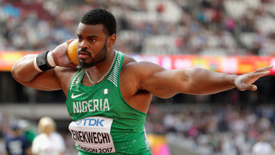 Team Nigeria’s Chukwuebuka Enekwechi advances to the final of the men’s shotput event