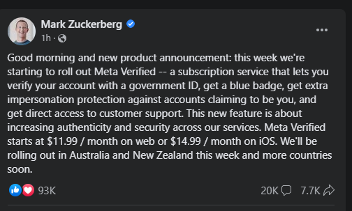 Like Twitter, Meta introduces $12 monthly subscription for Facebook, Instagram verification 