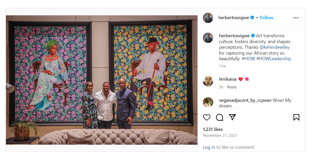 Art transforms culture, fosters diversity, and shapes perceptions. Thanks @kehindewiley for capturing our African story so beautifully.… | Instagram A post shared by @herbertowigwe
